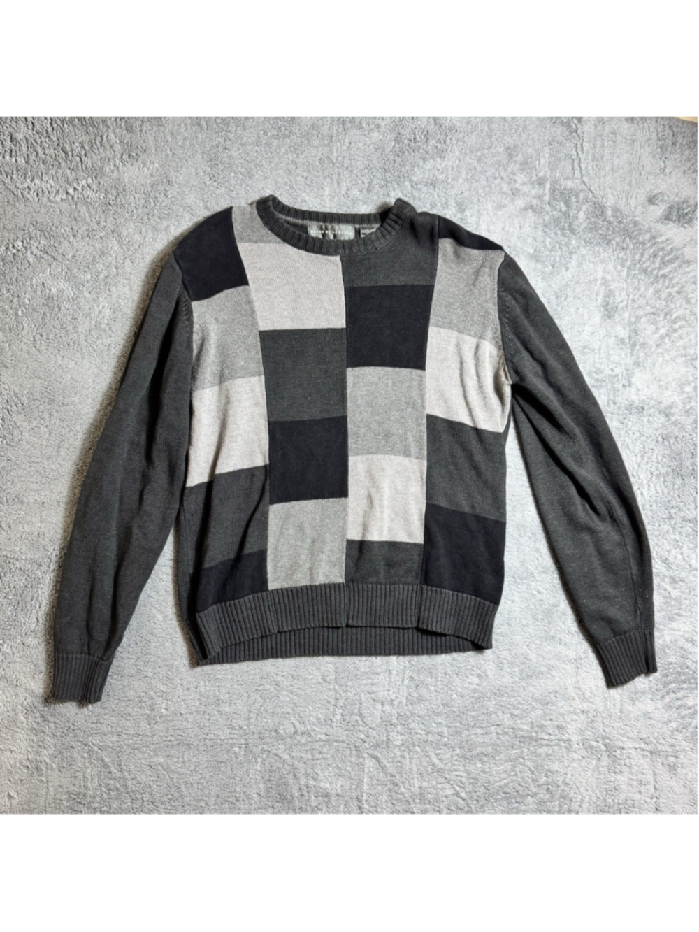 Oscar De La Renta Gray Black Color Block Cotton Blend Knit Sweater Men's Large